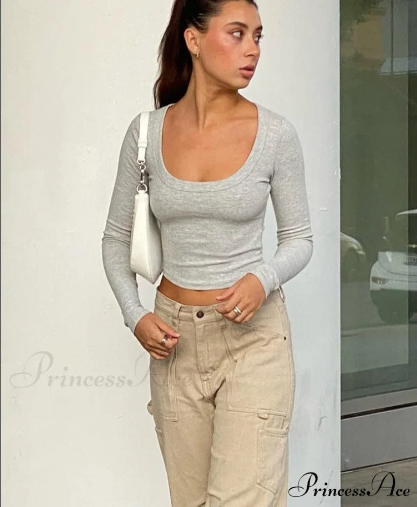 Grey Ribbed Long Charming Sleeve Crop Top - Image 7