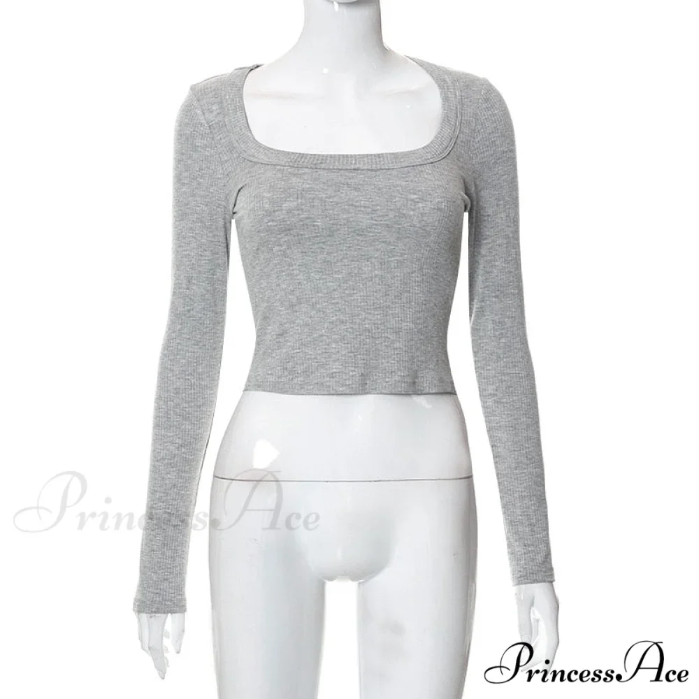 Grey Ribbed Long Charming Sleeve Crop Top - Image 8