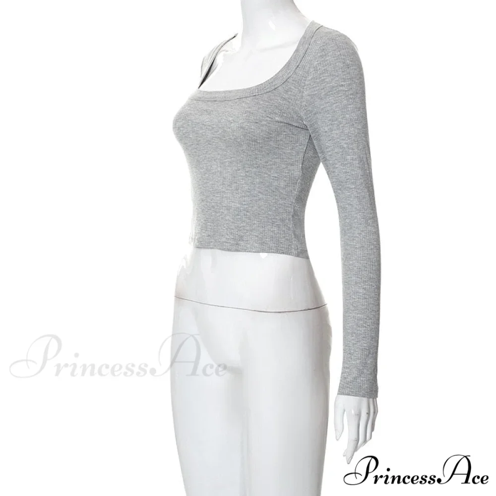 Grey Ribbed Long Charming Sleeve Crop Top - Image 9