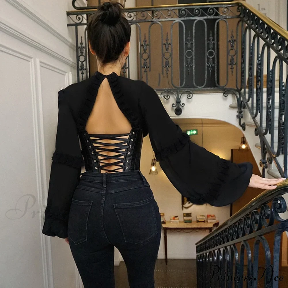 Lace Up Corset Charming Long Sleeve Blouse - Image 2