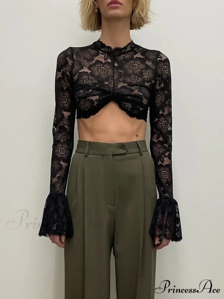 Long Sleeve Lace Charming Mesh Crop Top