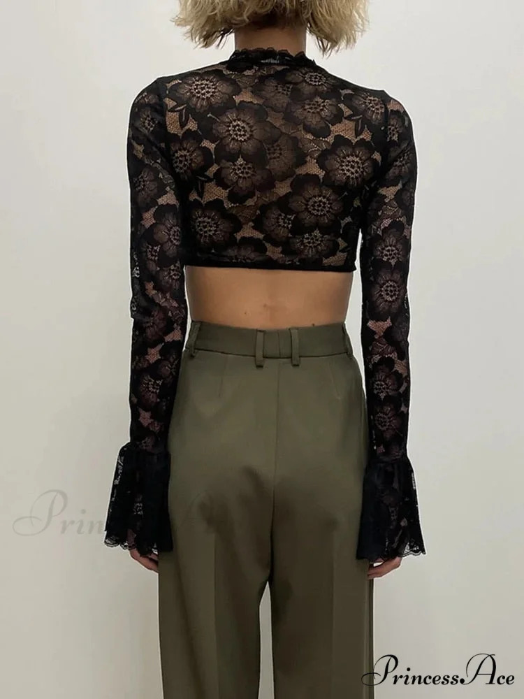 Long Sleeve Lace Charming Mesh Crop Top - Image 4