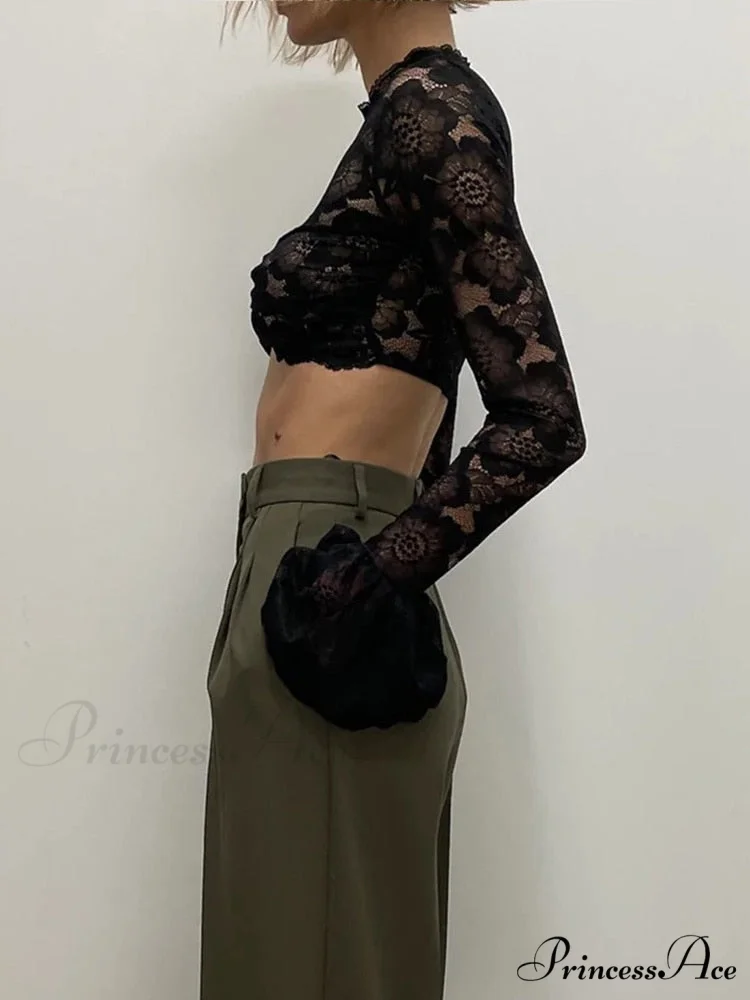 Long Sleeve Lace Charming Mesh Crop Top - Image 5