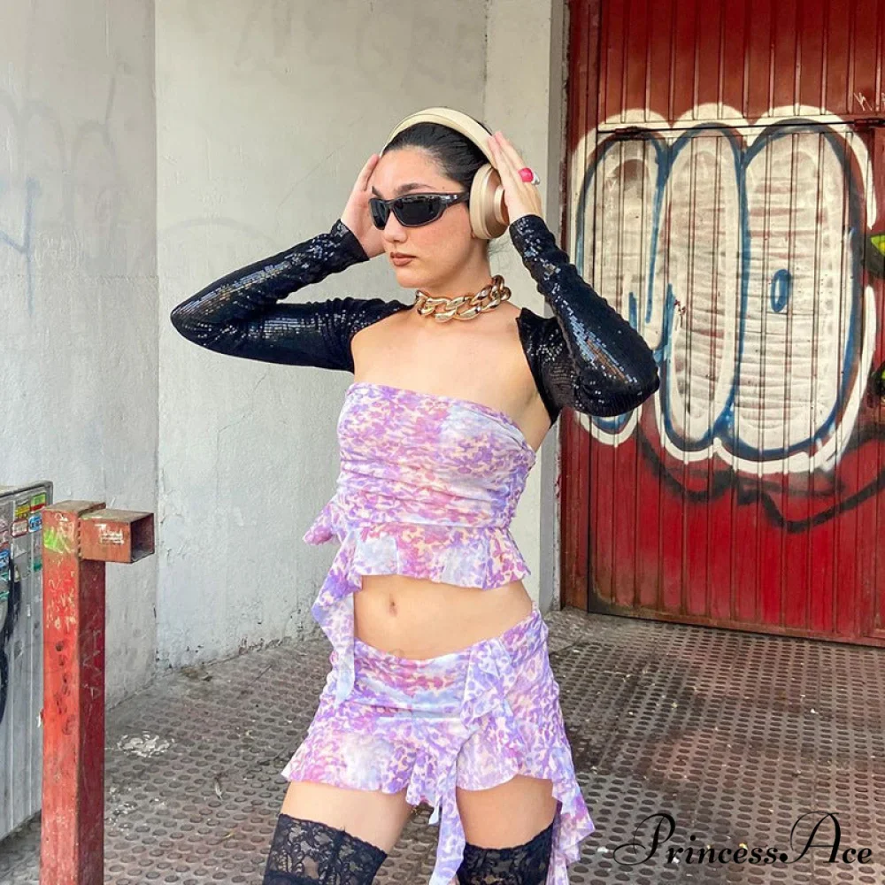 Purple Printed Frill Tube Top Trendy And Mini Skirt Two Piece Set - Image 15