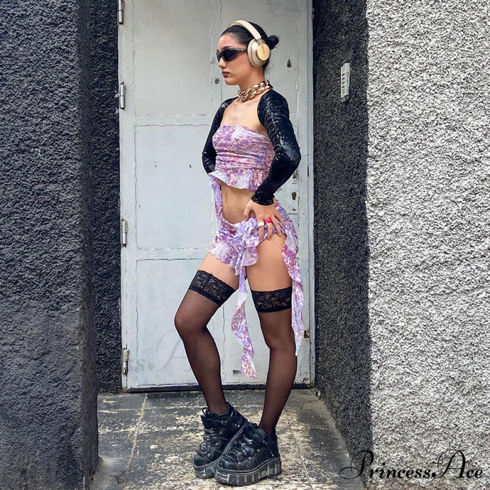 Purple Printed Frill Tube Top Trendy And Mini Skirt Two Piece Set - Image 17