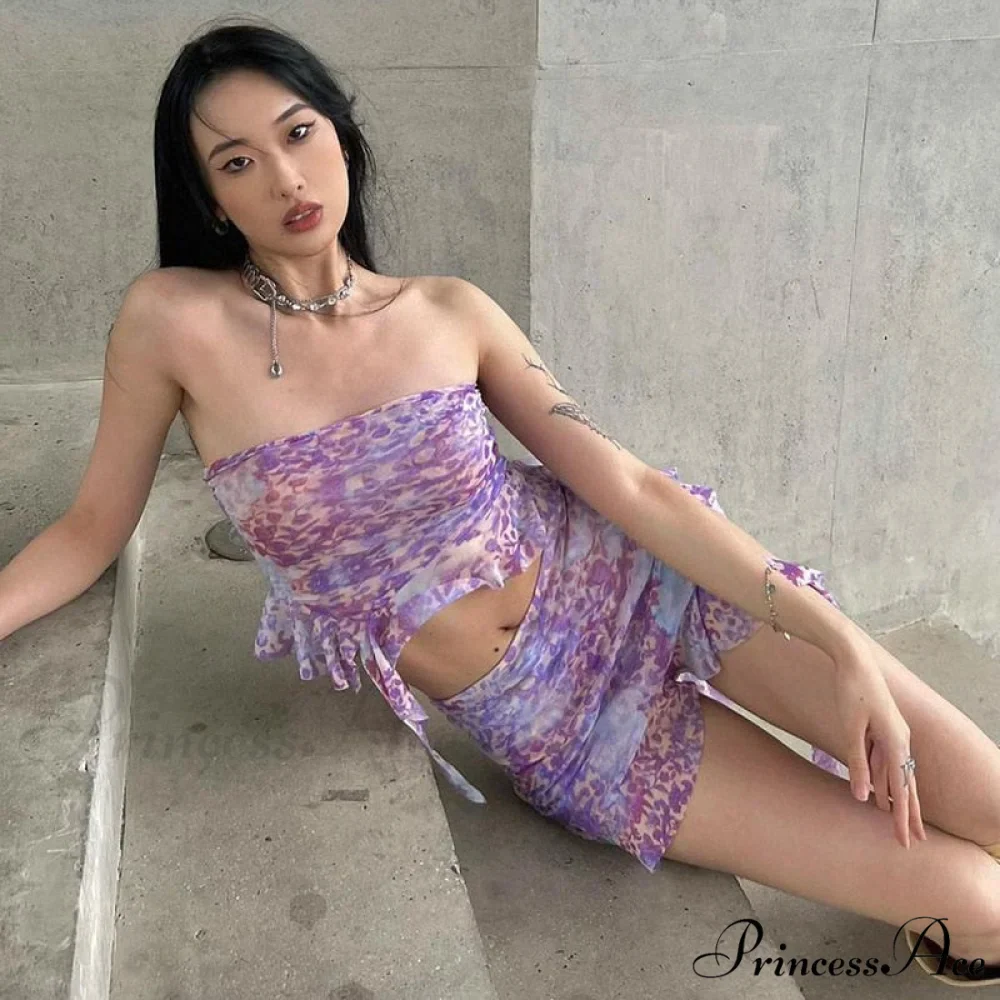Purple Printed Frill Tube Top Trendy And Mini Skirt Two Piece Set - Image 2