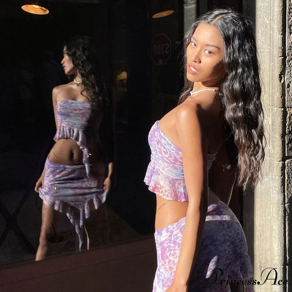 Purple Printed Frill Tube Top Trendy And Mini Skirt Two Piece Set - Image 24