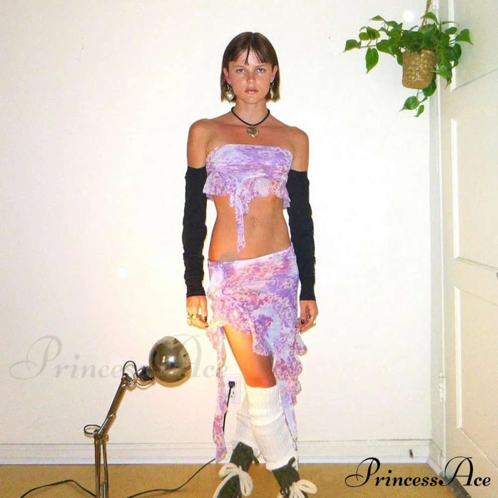 Purple Printed Frill Tube Top Trendy And Mini Skirt Two Piece Set - Image 26
