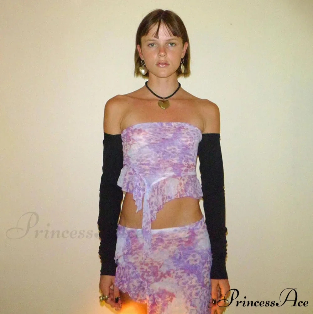 Purple Printed Frill Tube Top Trendy And Mini Skirt Two Piece Set - Image 27
