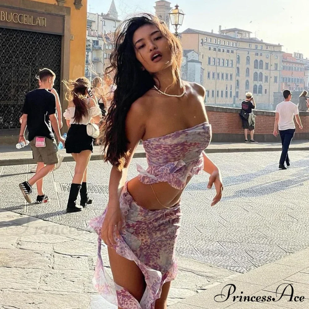 Purple Printed Frill Tube Top Trendy And Mini Skirt Two Piece Set - Image 3