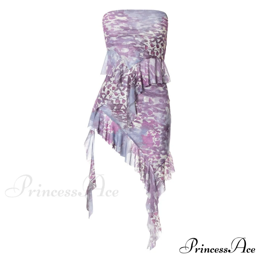 Purple Printed Frill Tube Top Trendy And Mini Skirt Two Piece Set - Image 4