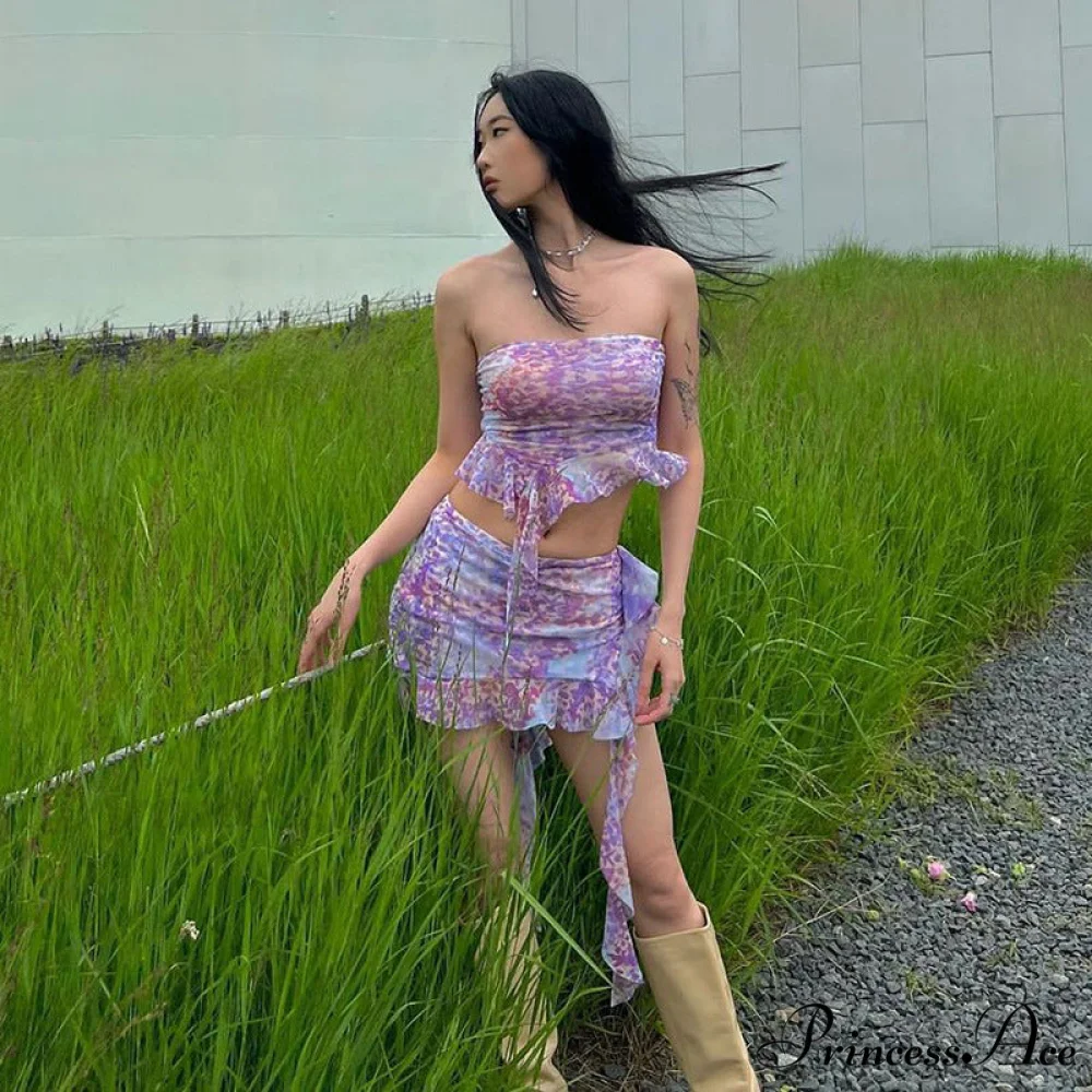 Purple Printed Frill Tube Top Trendy And Mini Skirt Two Piece Set - Image 9