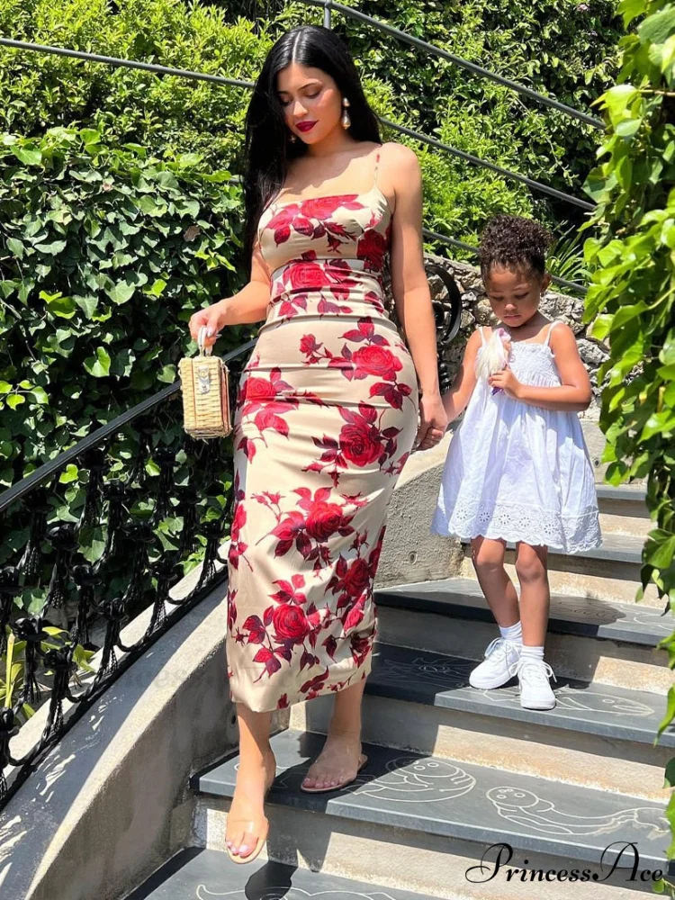 Red Rose Print Charming Satin Midi Dress