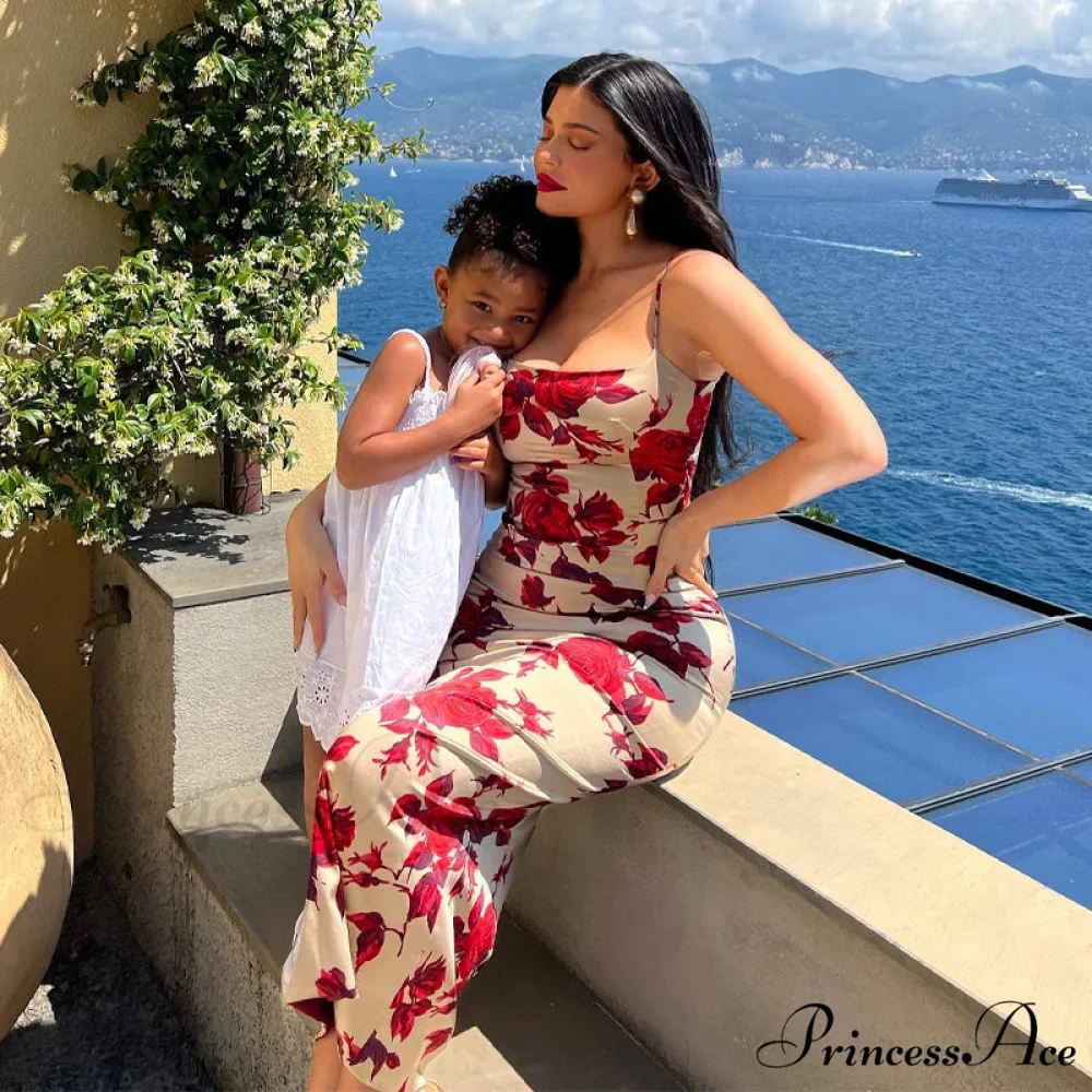 Red Rose Print Charming Satin Midi Dress - Image 3