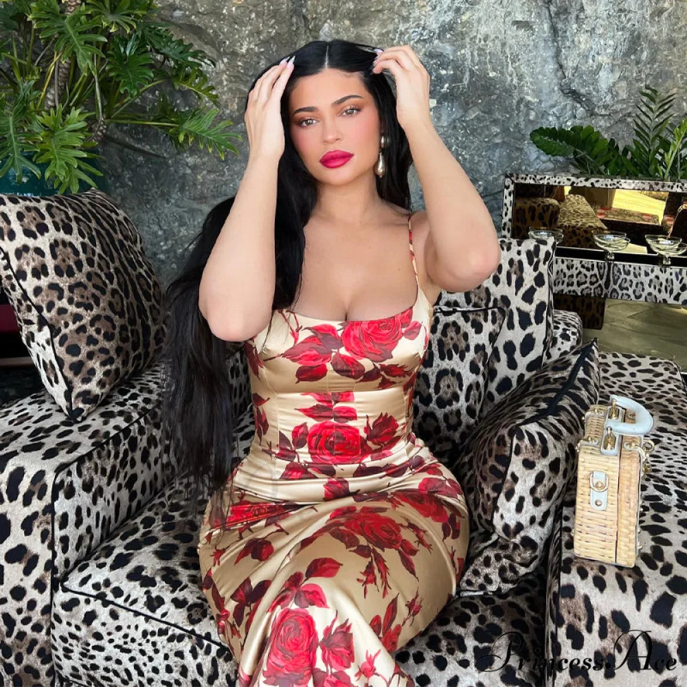 Red Rose Print Charming Satin Midi Dress - Image 6