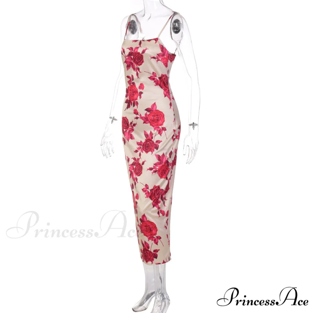 Red Rose Print Charming Satin Midi Dress - Image 7