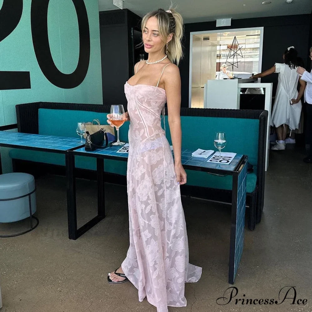 Pink Floral Stylish Lace Maxi Dress - Image 5