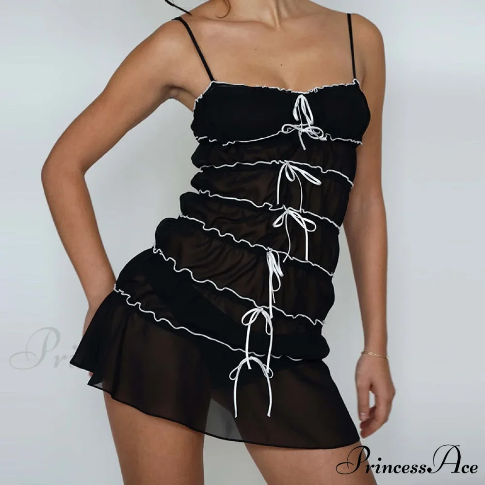 Bow Ruched Design Charming Mini Strap Dress - Image 9