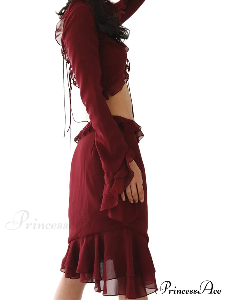 Mesh Ruffles Long Sleeve Tie Up Modern Crop Top And Wrap Skirt Set - Image 11