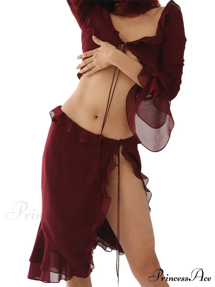 Mesh Ruffles Long Sleeve Tie Up Modern Crop Top And Wrap Skirt Set - Image 2