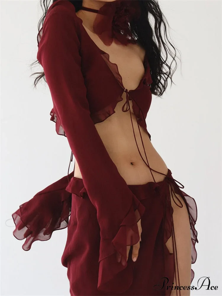 Mesh Ruffles Long Sleeve Tie Up Modern Crop Top And Wrap Skirt Set - Image 3