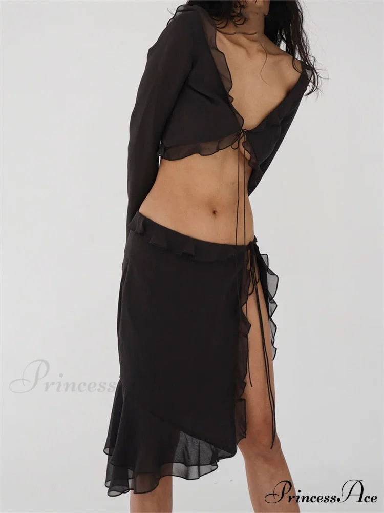 Mesh Ruffles Long Sleeve Tie Up Modern Crop Top And Wrap Skirt Set - Image 4