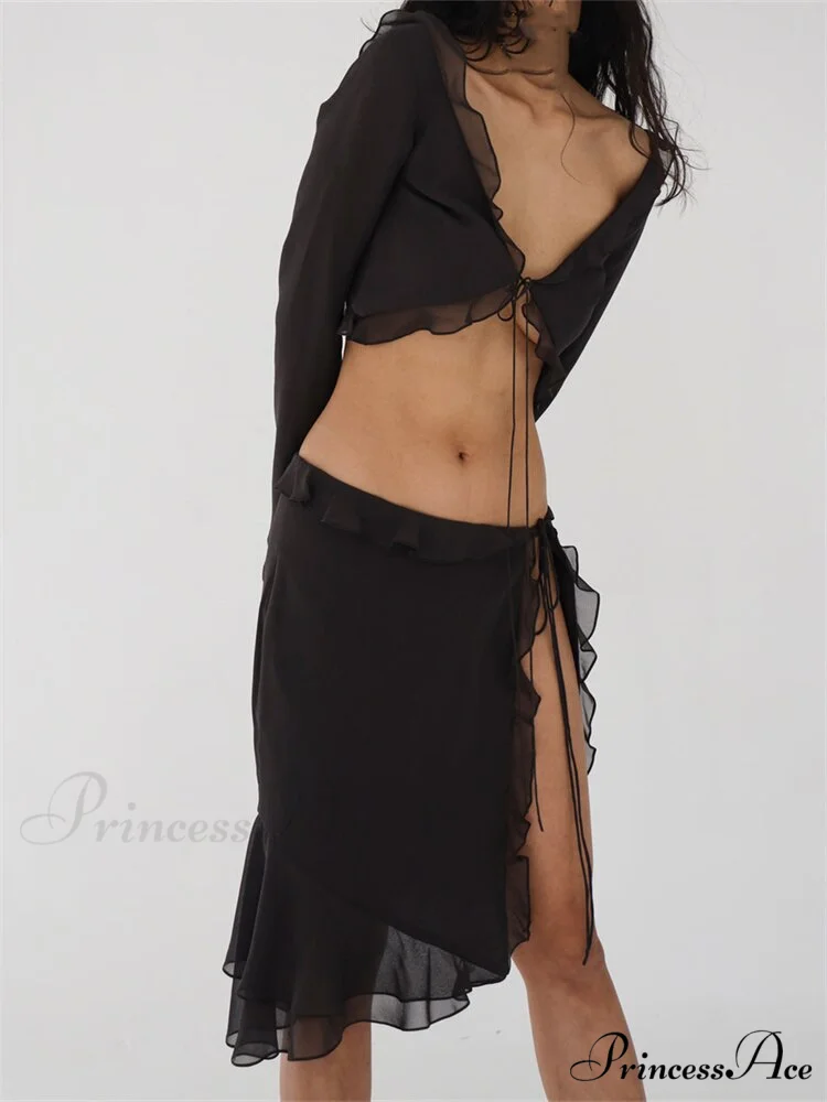 Mesh Ruffles Long Sleeve Tie Up Modern Crop Top And Wrap Skirt Set - Image 7