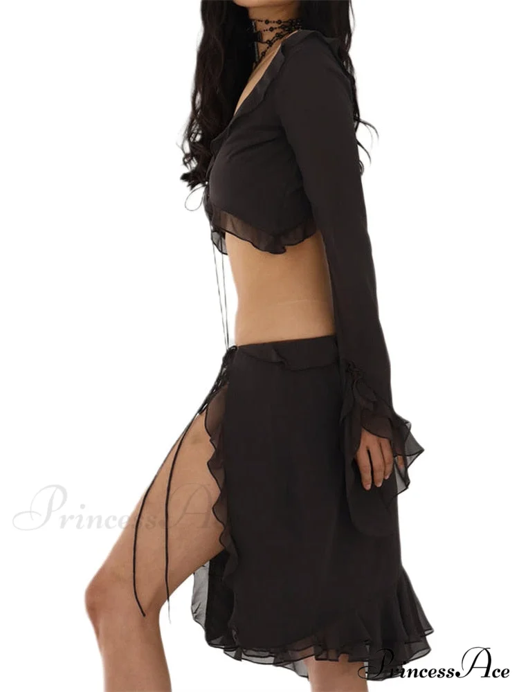 Mesh Ruffles Long Sleeve Tie Up Modern Crop Top And Wrap Skirt Set - Image 8