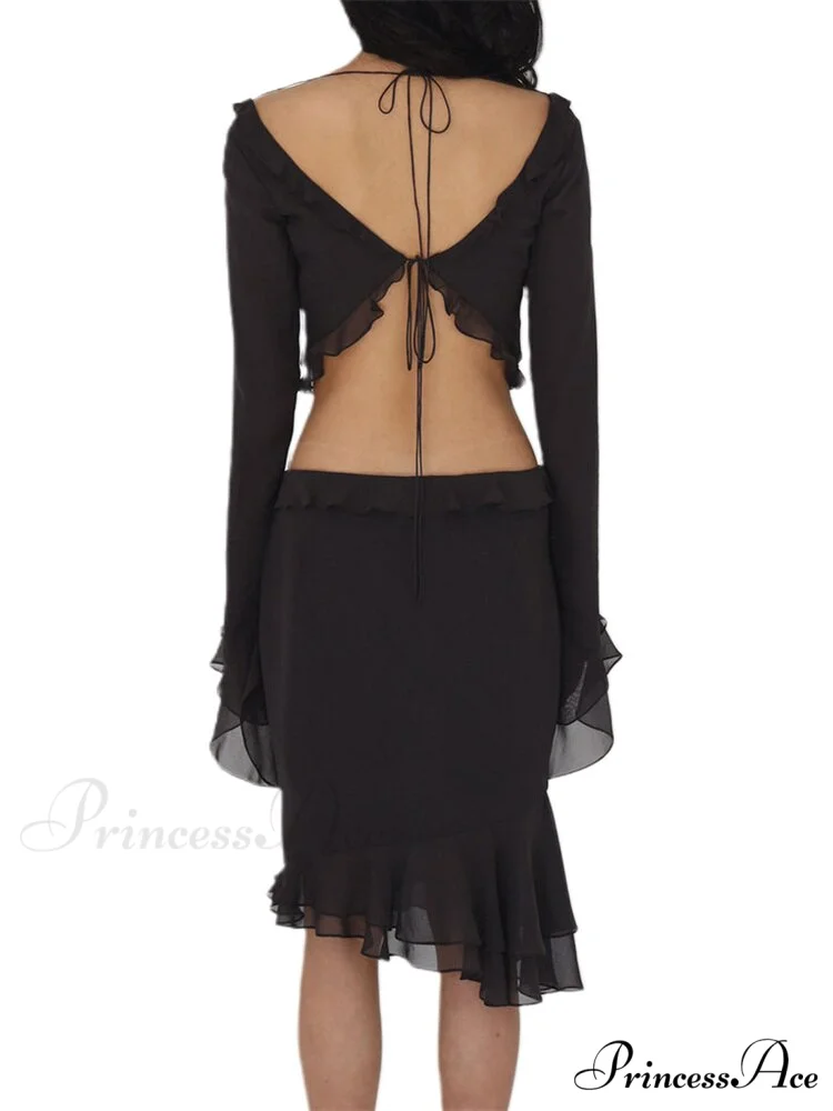 Mesh Ruffles Long Sleeve Tie Up Modern Crop Top And Wrap Skirt Set - Image 9