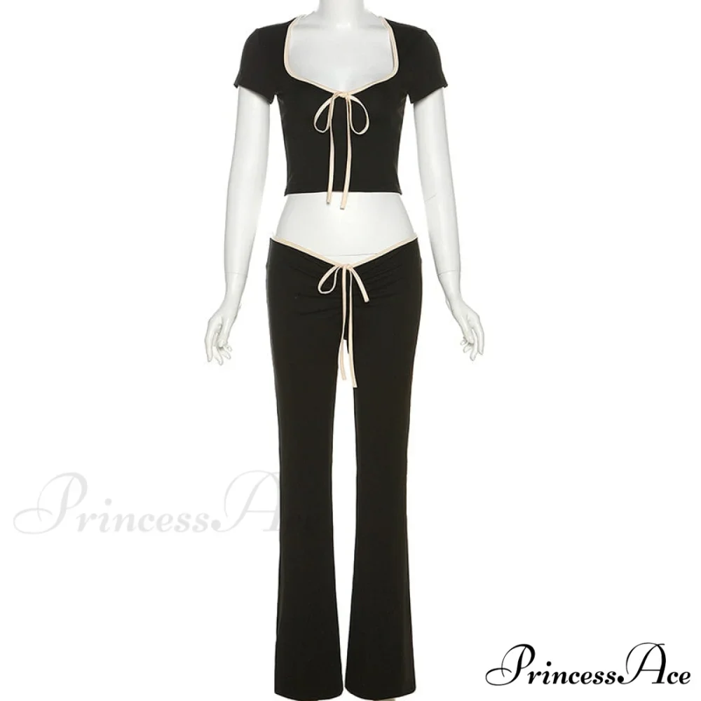 Black Ribbon Tie-Up Top Graceful And Pants Two Piece Set - Image 11