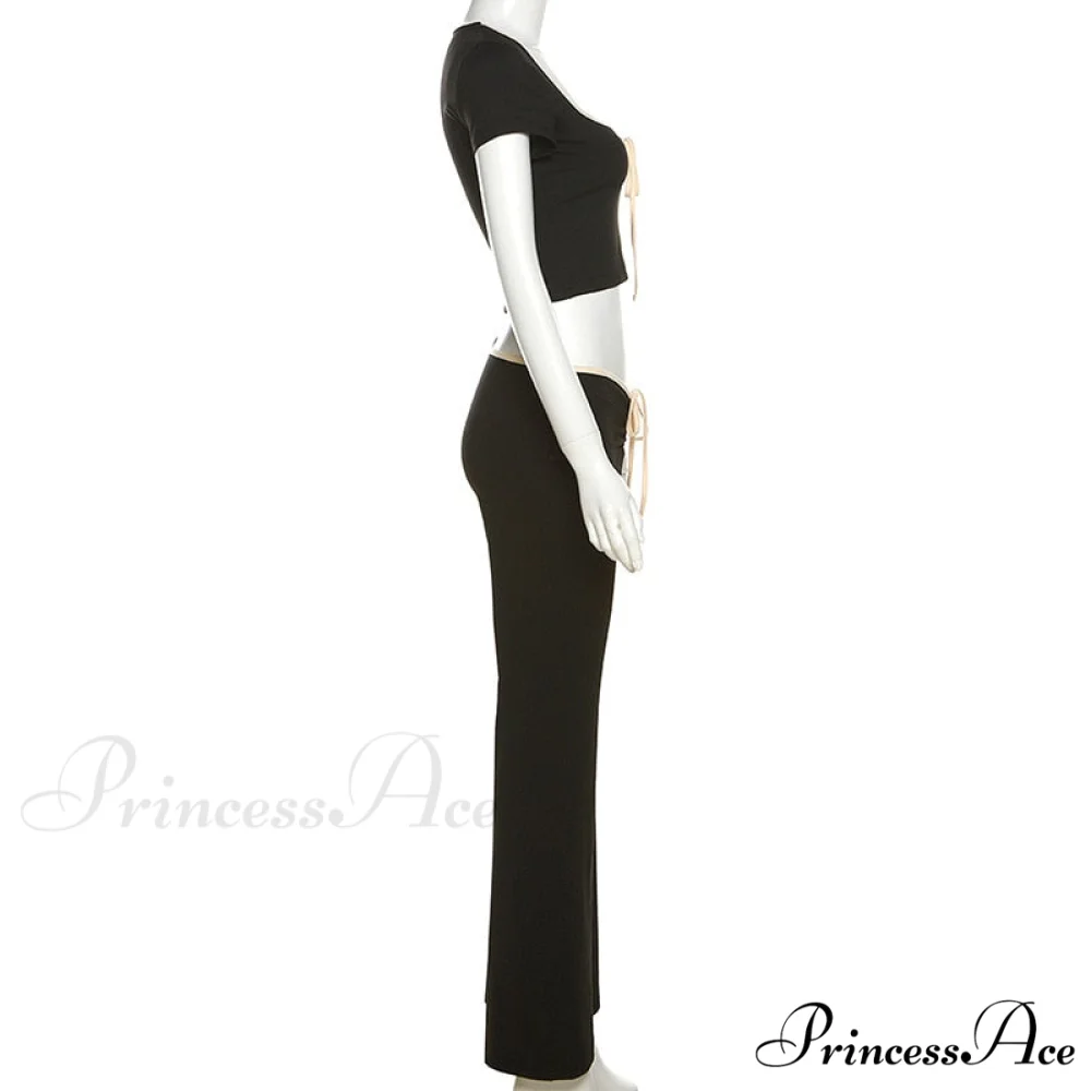 Black Ribbon Tie-Up Top Graceful And Pants Two Piece Set - Image 12