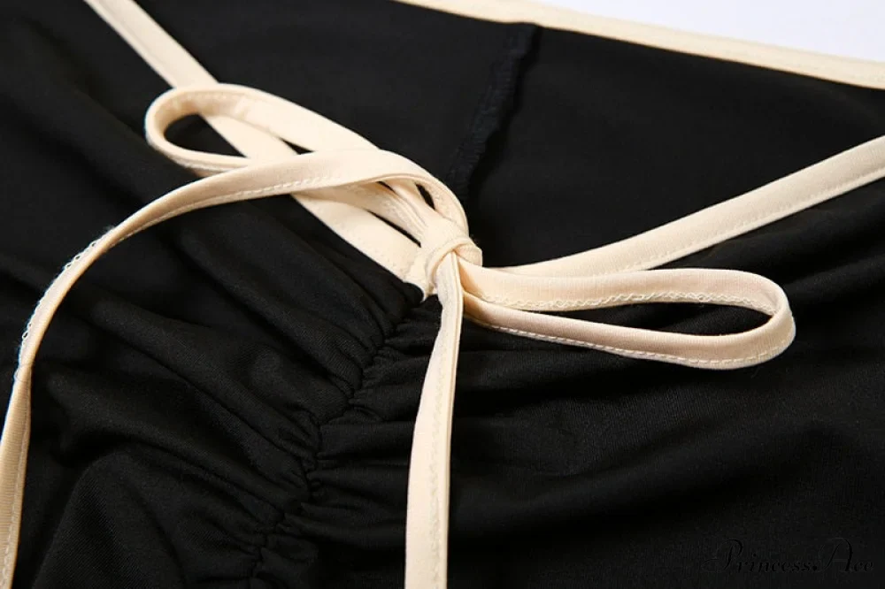 Black Ribbon Tie-Up Top Graceful And Pants Two Piece Set - Image 13