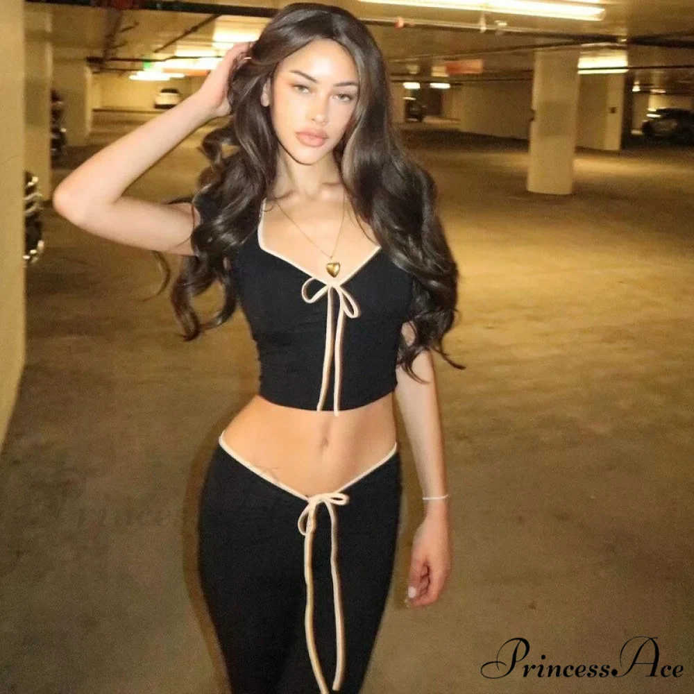 Black Ribbon Tie-Up Top Graceful And Pants Two Piece Set - Image 2