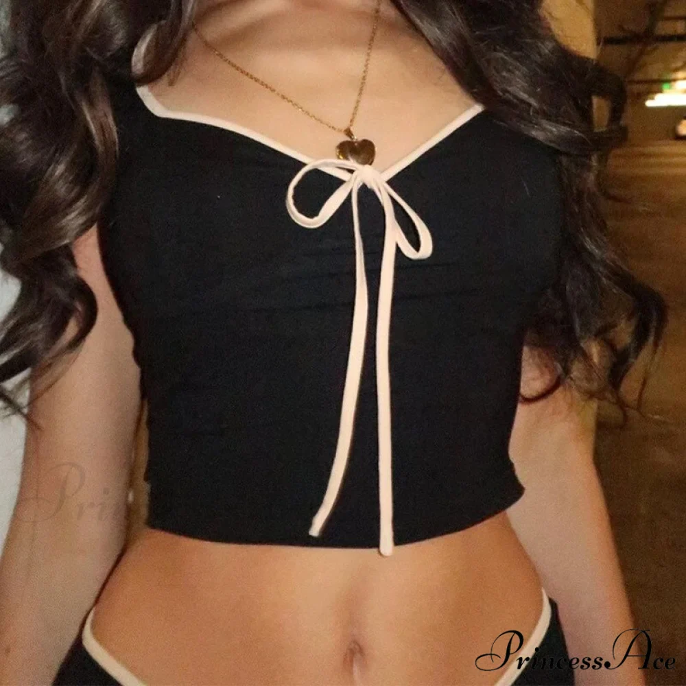 Black Ribbon Tie-Up Top Graceful And Pants Two Piece Set - Image 3