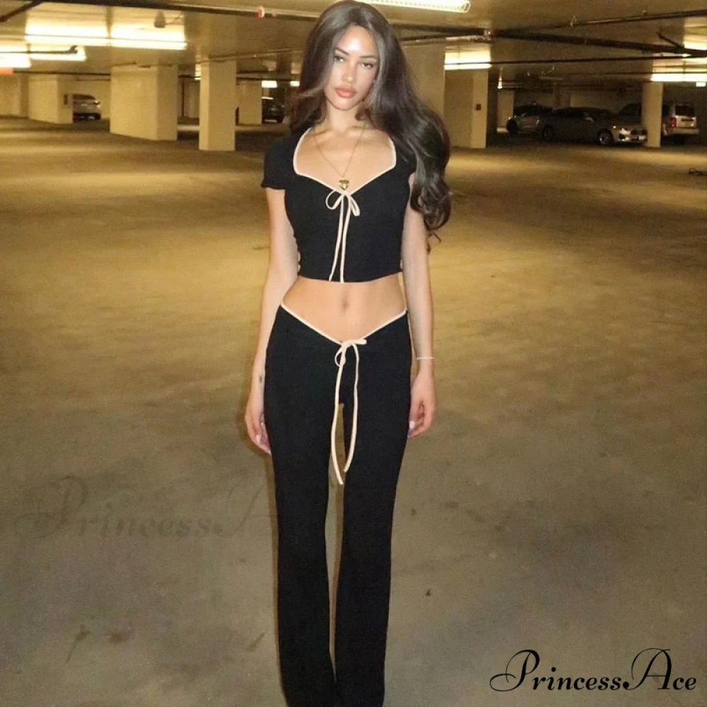 Black Ribbon Tie-Up Top Graceful And Pants Two Piece Set - Image 4