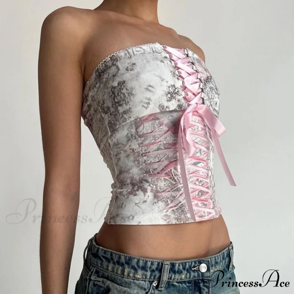 Printed Corset Pink Charming Ribbon Tie-Up Tube Top - Image 2
