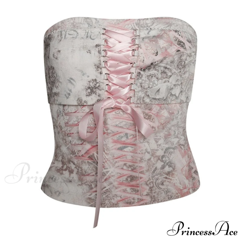 Printed Corset Pink Charming Ribbon Tie-Up Tube Top - Image 3