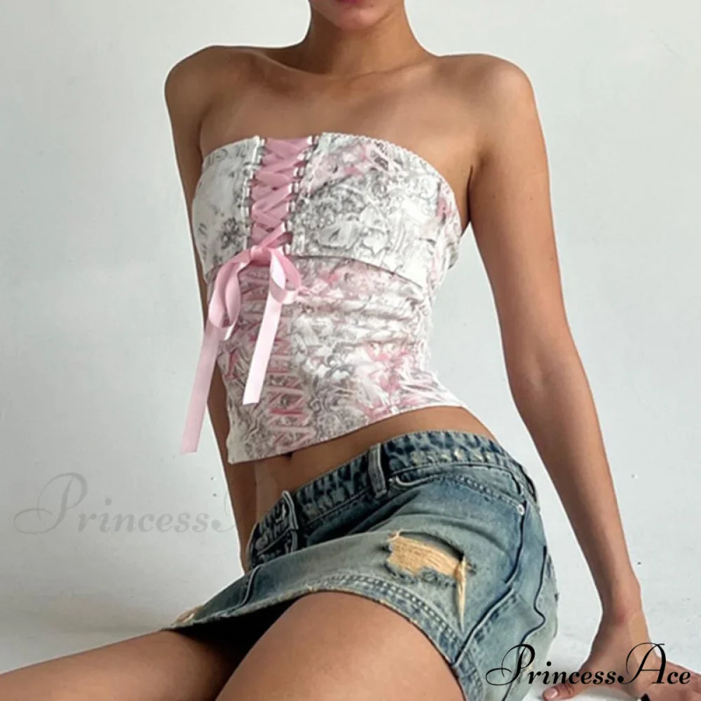 Printed Corset Pink Charming Ribbon Tie-Up Tube Top - Image 4