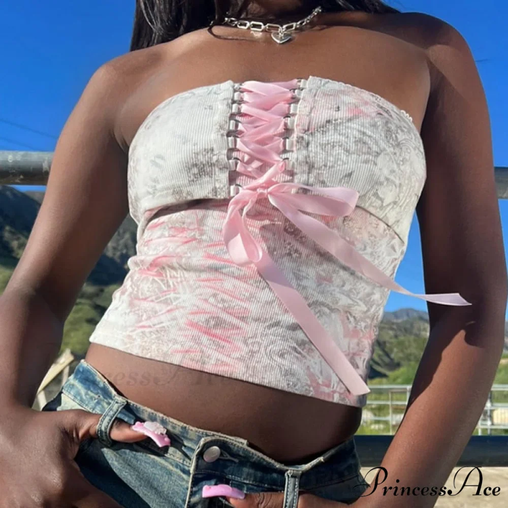 Printed Corset Pink Charming Ribbon Tie-Up Tube Top - Image 5