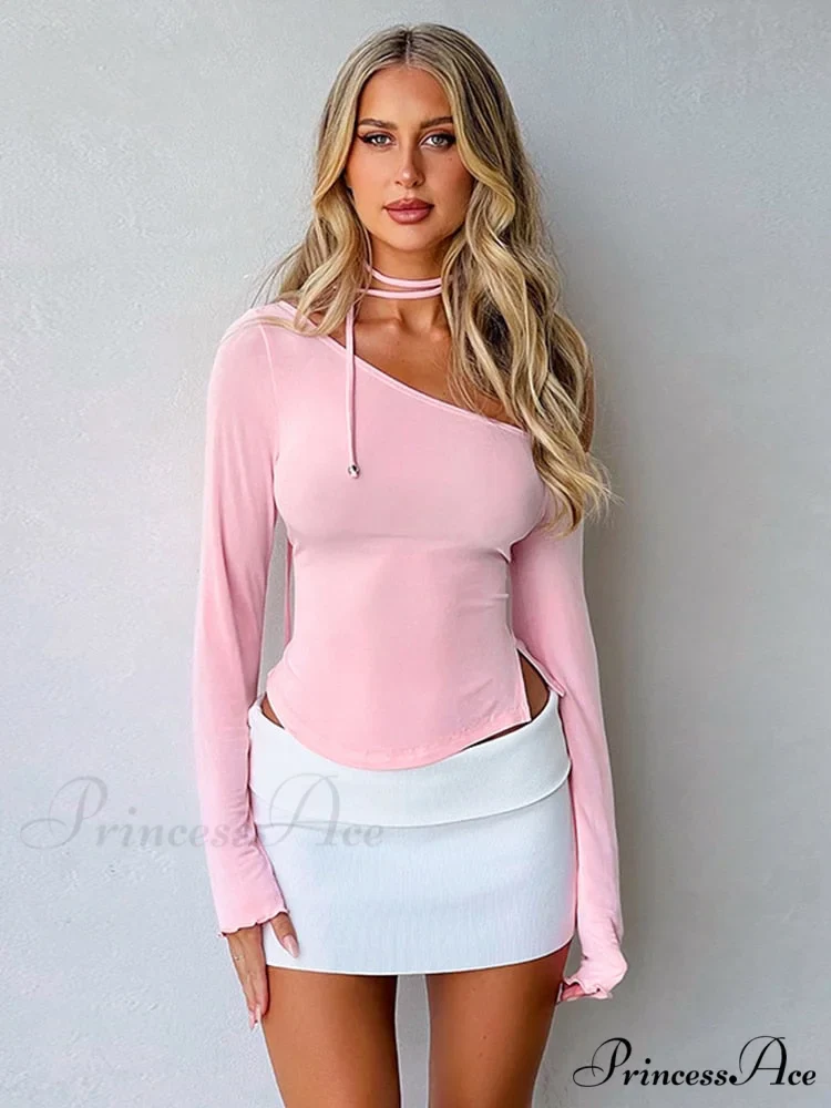 Pink Long Sleeve Charming Strap Tie Around Top