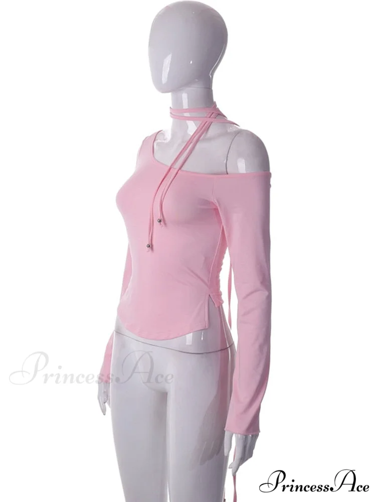 Pink Long Sleeve Charming Strap Tie Around Top - Image 4