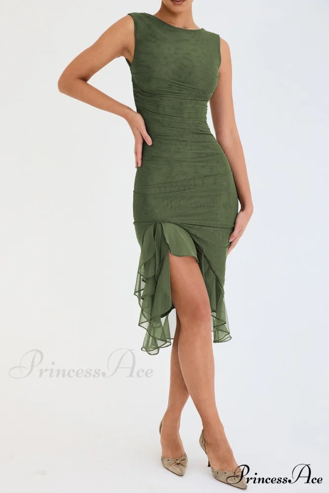 Mesh Ruffle Stylish Sleeveless Midi Dress - Image 10