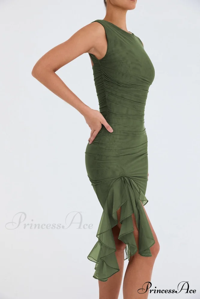 Mesh Ruffle Stylish Sleeveless Midi Dress - Image 11
