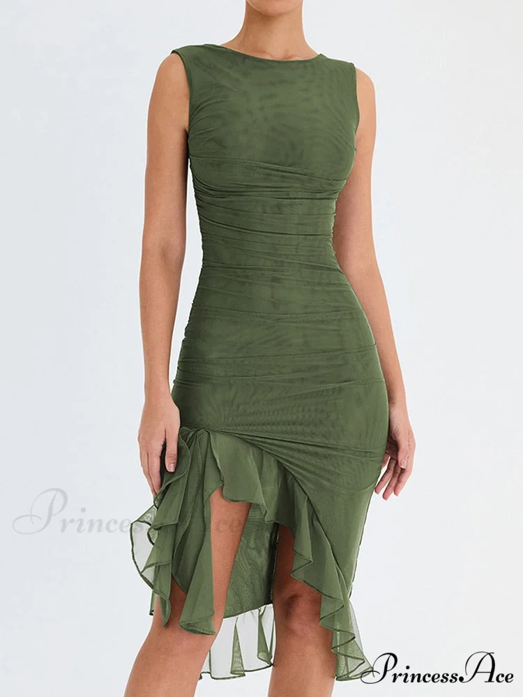 Mesh Ruffle Stylish Sleeveless Midi Dress - Image 2