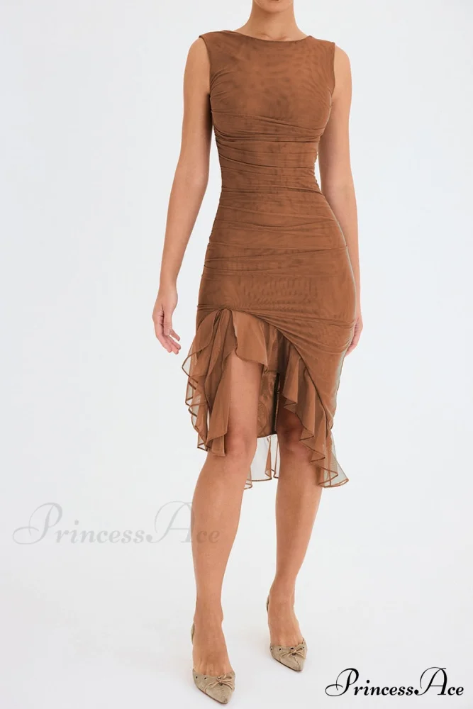 Mesh Ruffle Stylish Sleeveless Midi Dress - Image 23