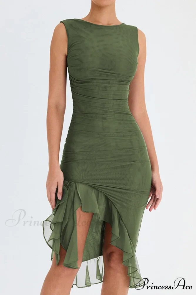 Mesh Ruffle Stylish Sleeveless Midi Dress - Image 7