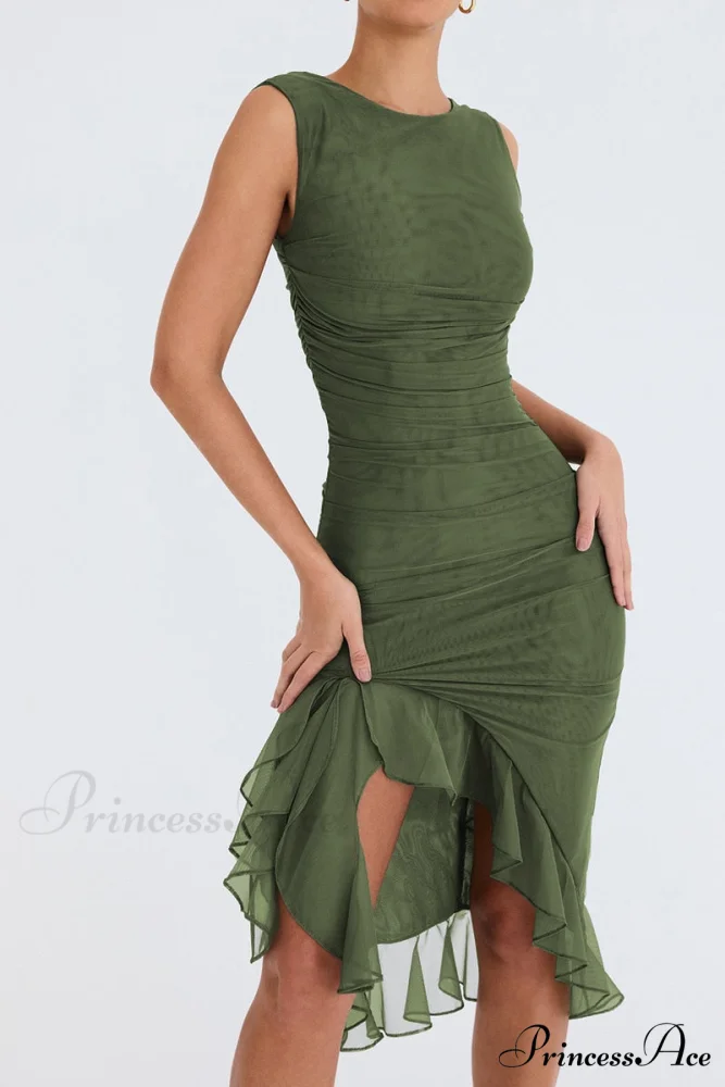 Mesh Ruffle Stylish Sleeveless Midi Dress - Image 8