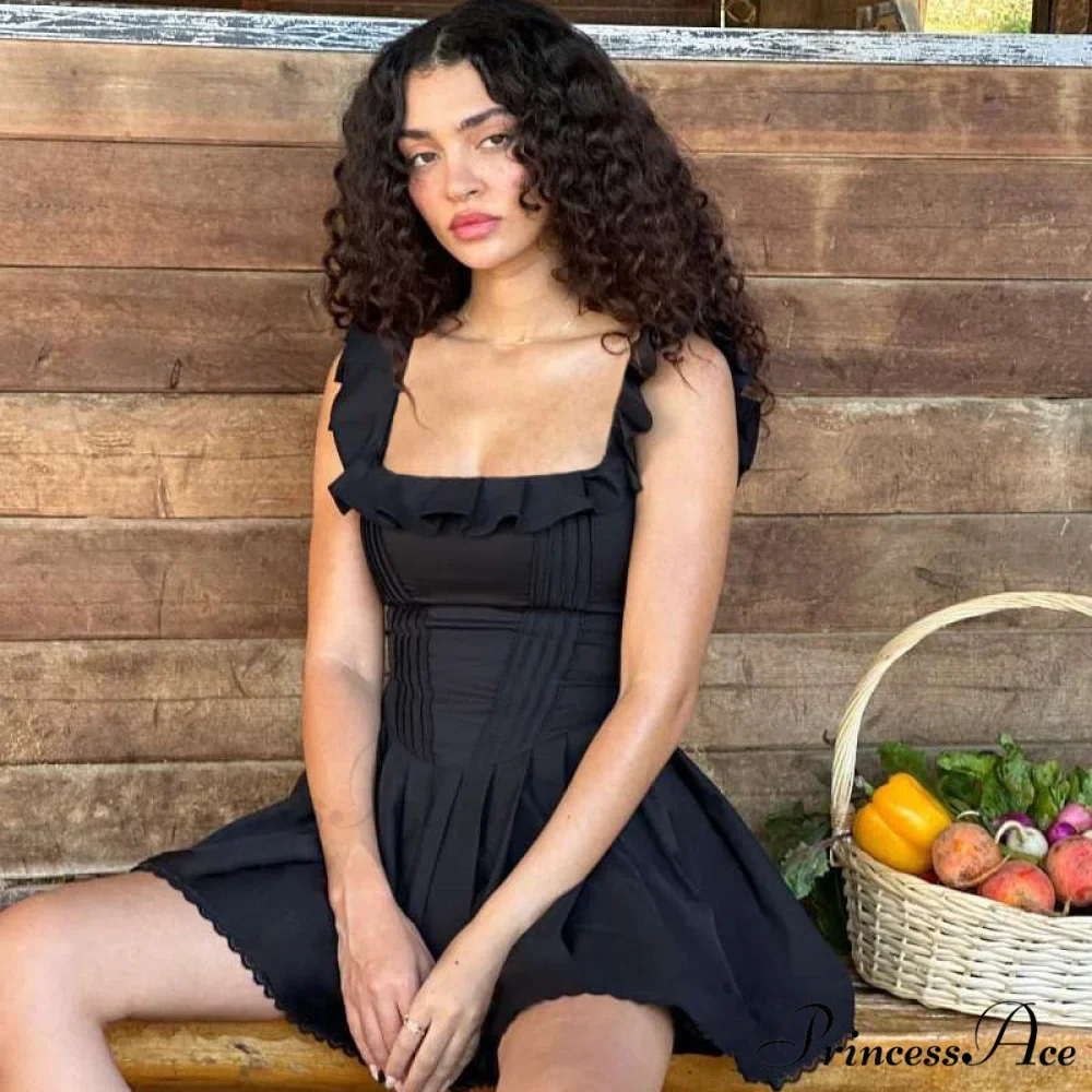Black Corset Square Neck Graceful Frill Strap Mini Dress - Image 3