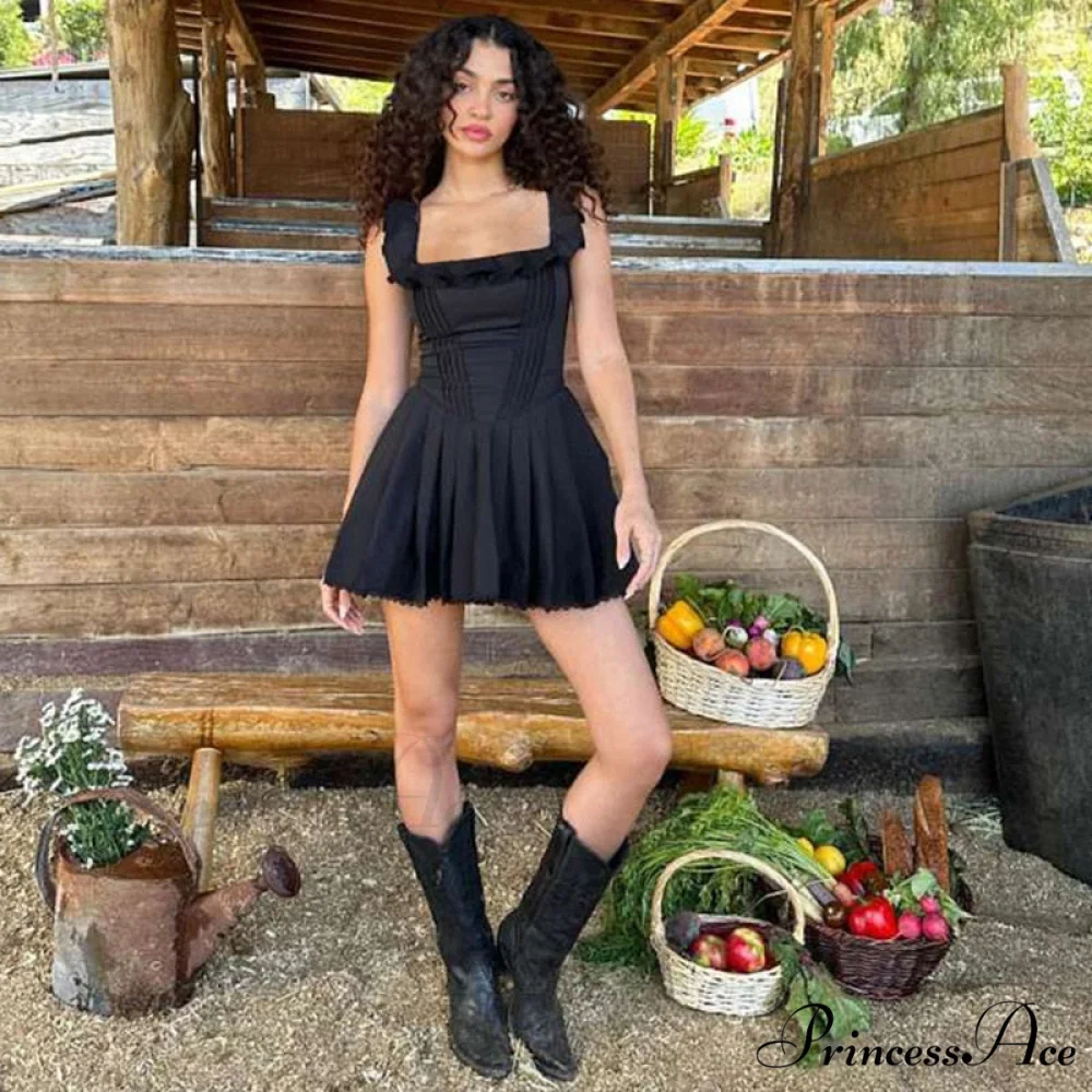 Black Corset Square Neck Graceful Frill Strap Mini Dress - Image 4