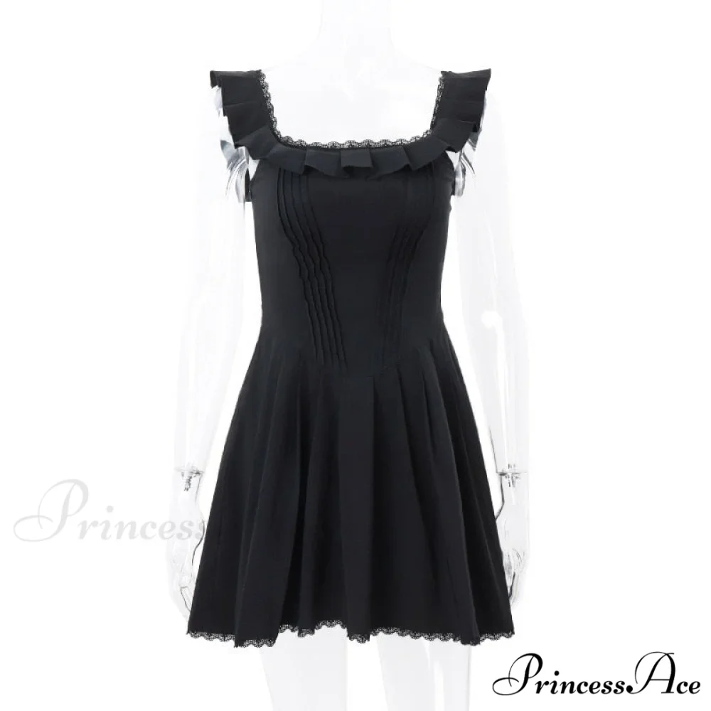 Black Corset Square Neck Graceful Frill Strap Mini Dress - Image 7